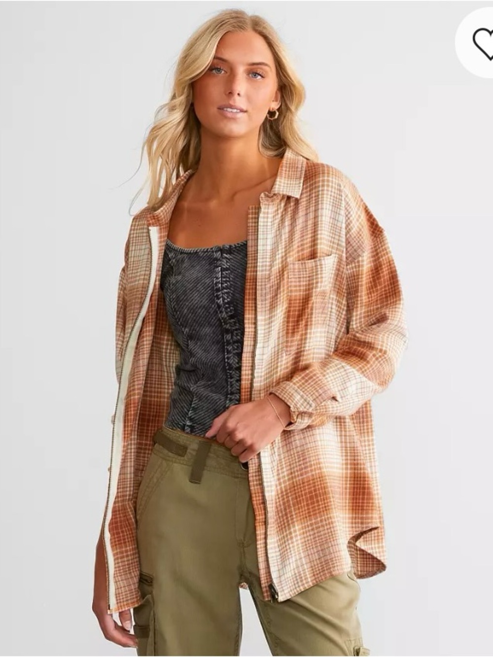 Buckle Plaid Button-Down Shirt Jacket in Tan and Cream